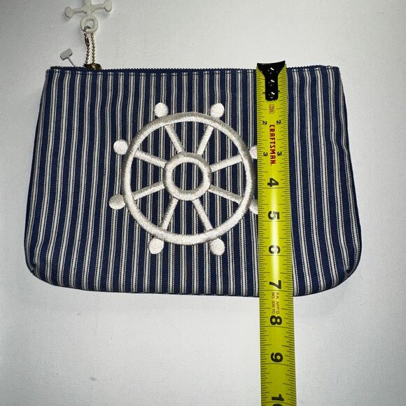 Talbots Pouch Purse Blue and White Striped Embroidered Leather Anchor Tag Zip - Picture 4 of 7